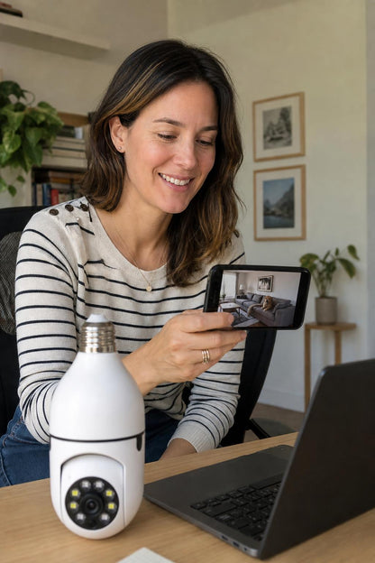 Mujer mirando su casa en vivo desde el celular en la oficina