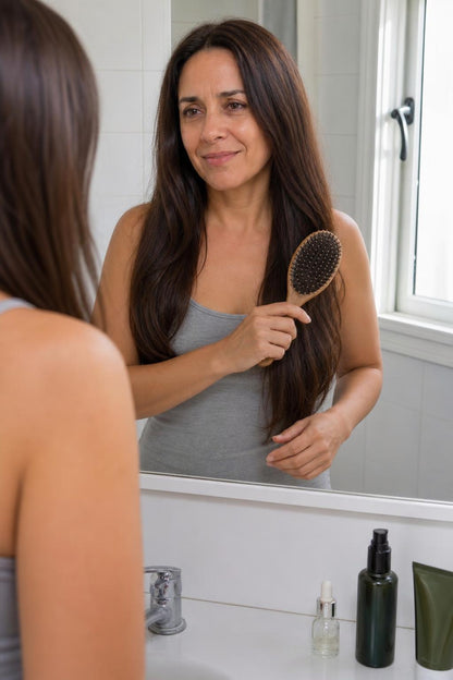 Mujer peinándose tranquila con el cabello con más cuerpo (imagen ilustrativa)