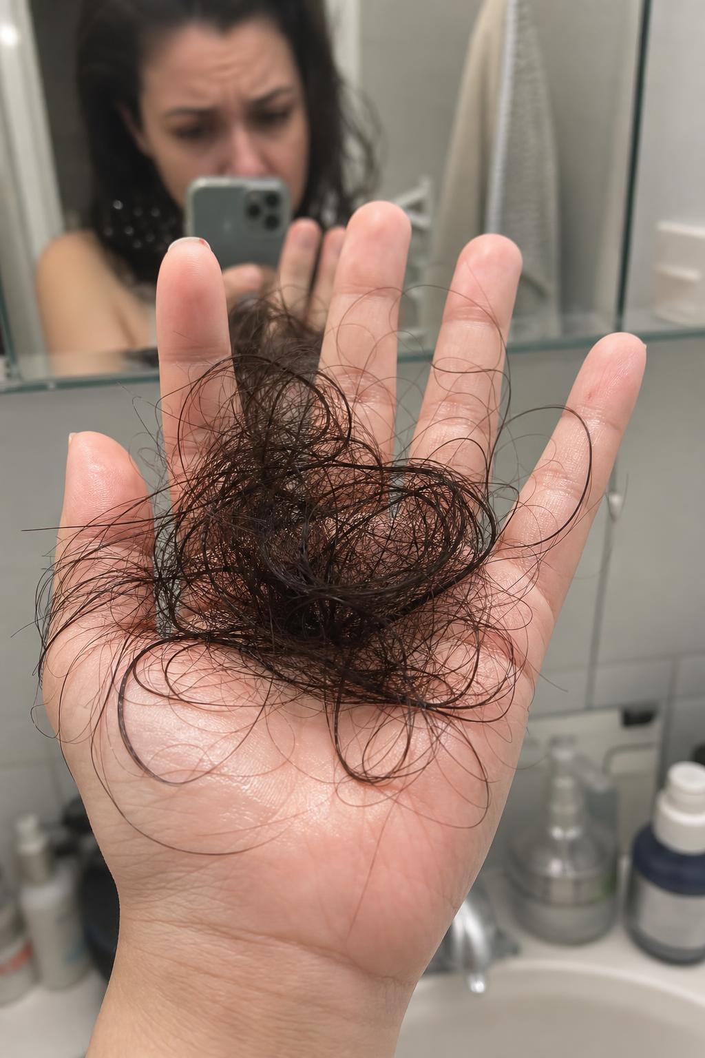 Mano con un mechón de pelo caído después del lavado