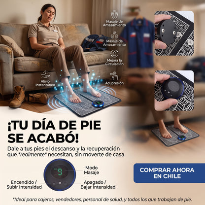Trabajadora cansada usando PiesRelax en su sofá después del turno